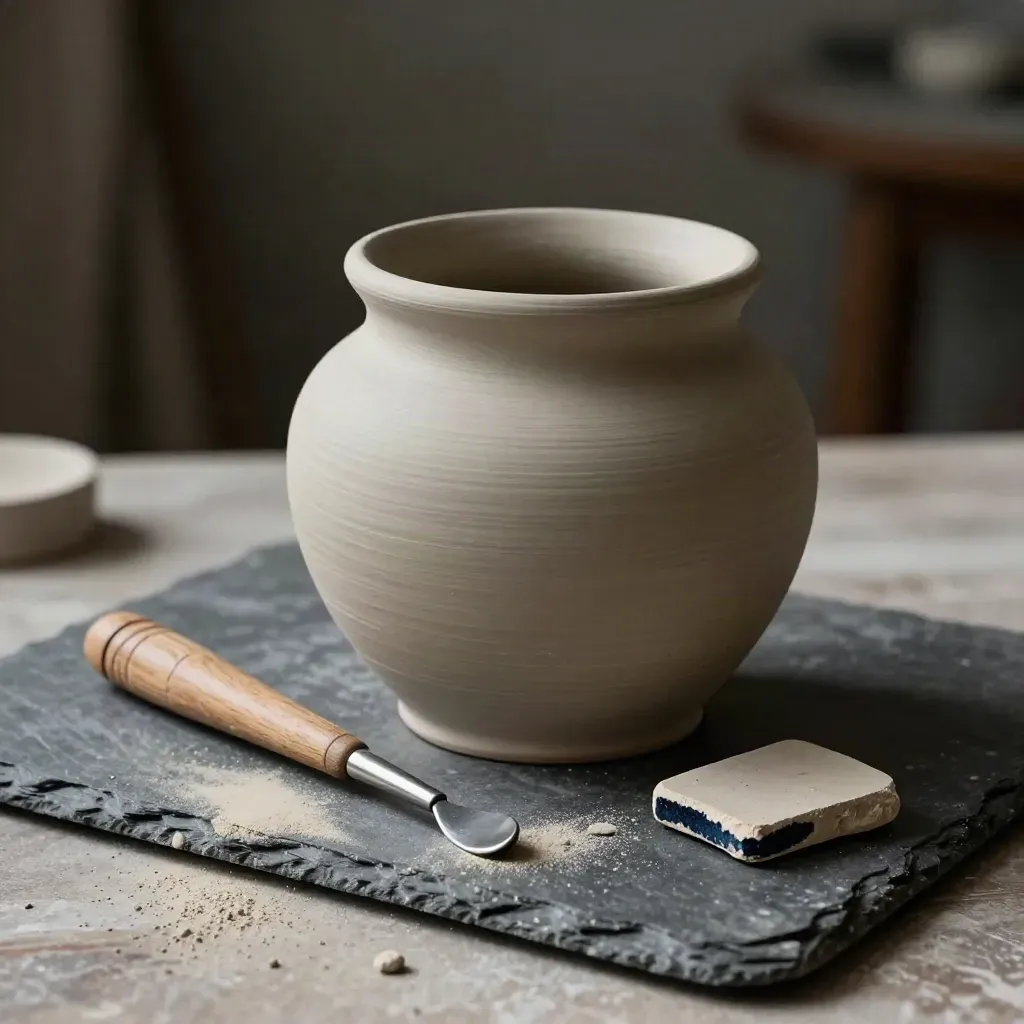 Ceramic vessel, trimming tools, and fired test tile on a slate potter’s bench in raking light.