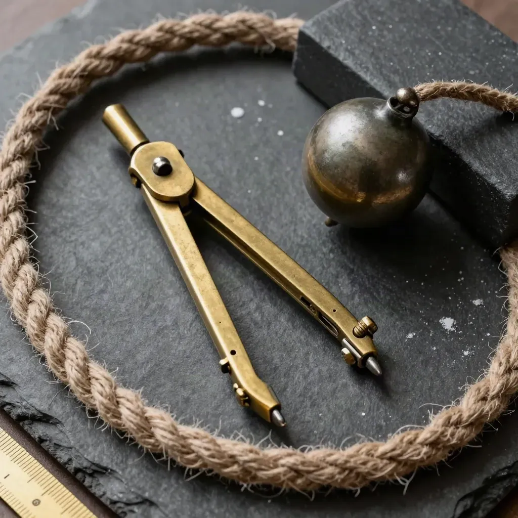 Top-down maritime still life with brass divider, plumb bob, hemp line and slate block
