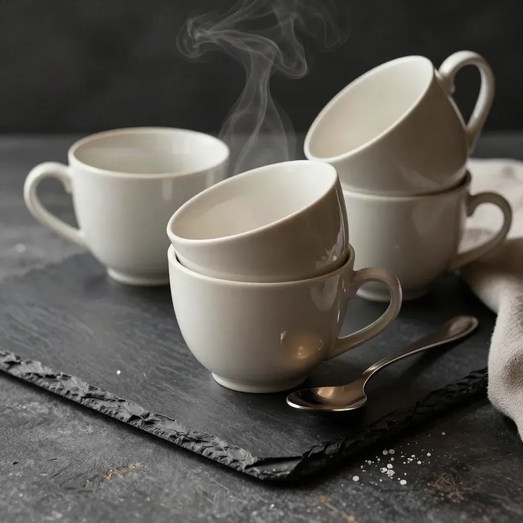 Stacked porcelain tasting cups and spoon on slate with gentle steam in warm editorial light.