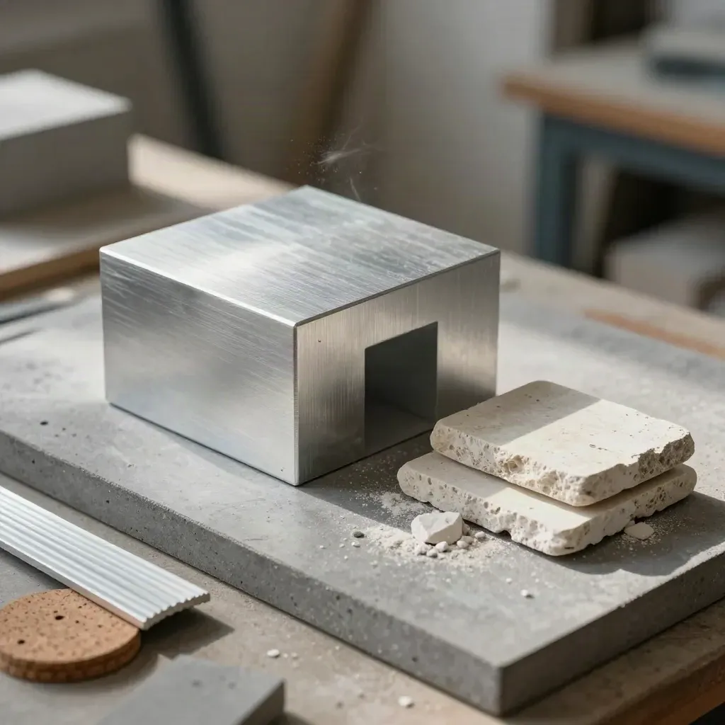 Architecture maquette blocks, steel square and pale stone chips on a model table with drifting dust.
