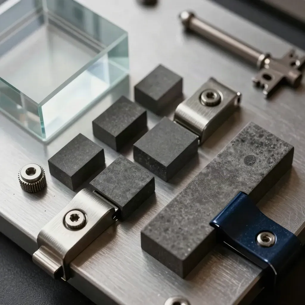 Frosted prism and aluminum clamps arranged in a top-down lighting bench still life.