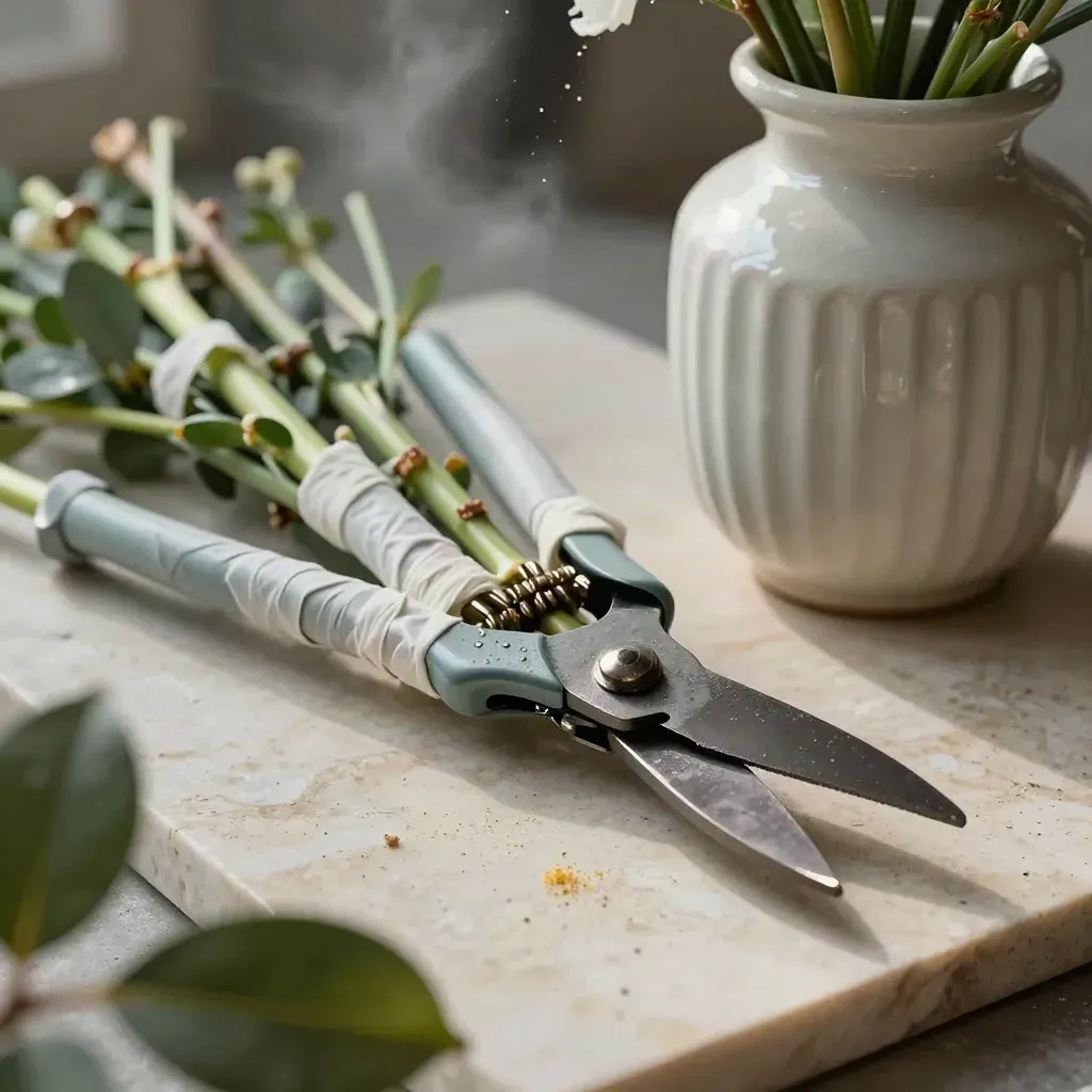 Pruning shears, wrapped stems, and a ribbed ceramic vase on travertine with soft pollen haze.