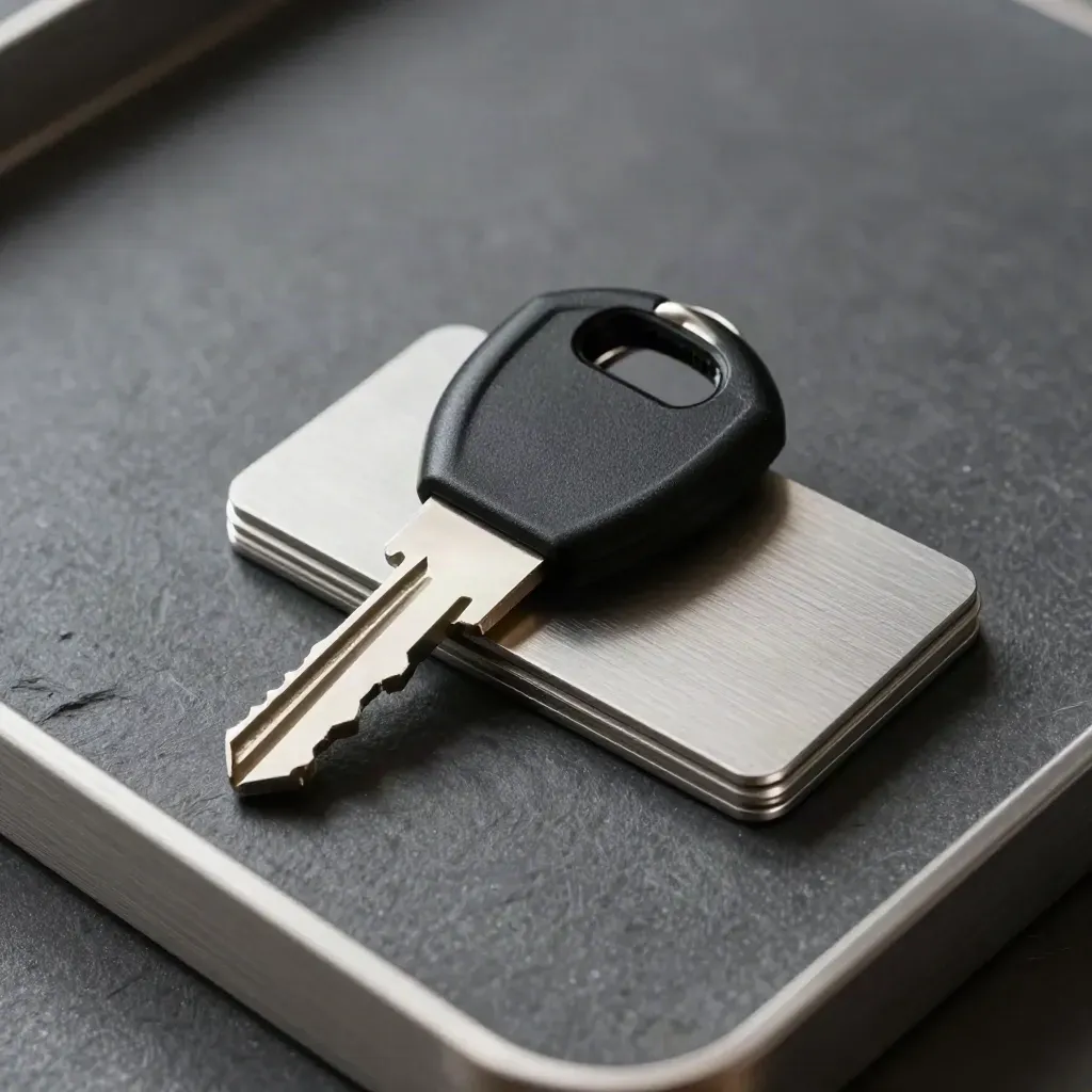Top-down macro of a hardware security key, metal keycard, and backup capsules on graphite.