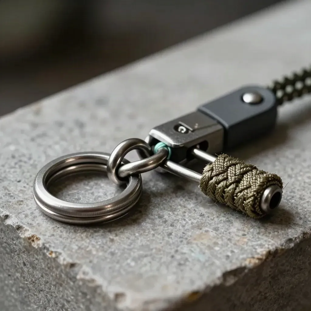 Macro of snapped metal connector rings and a braided wallet tether clip on graphite stone.