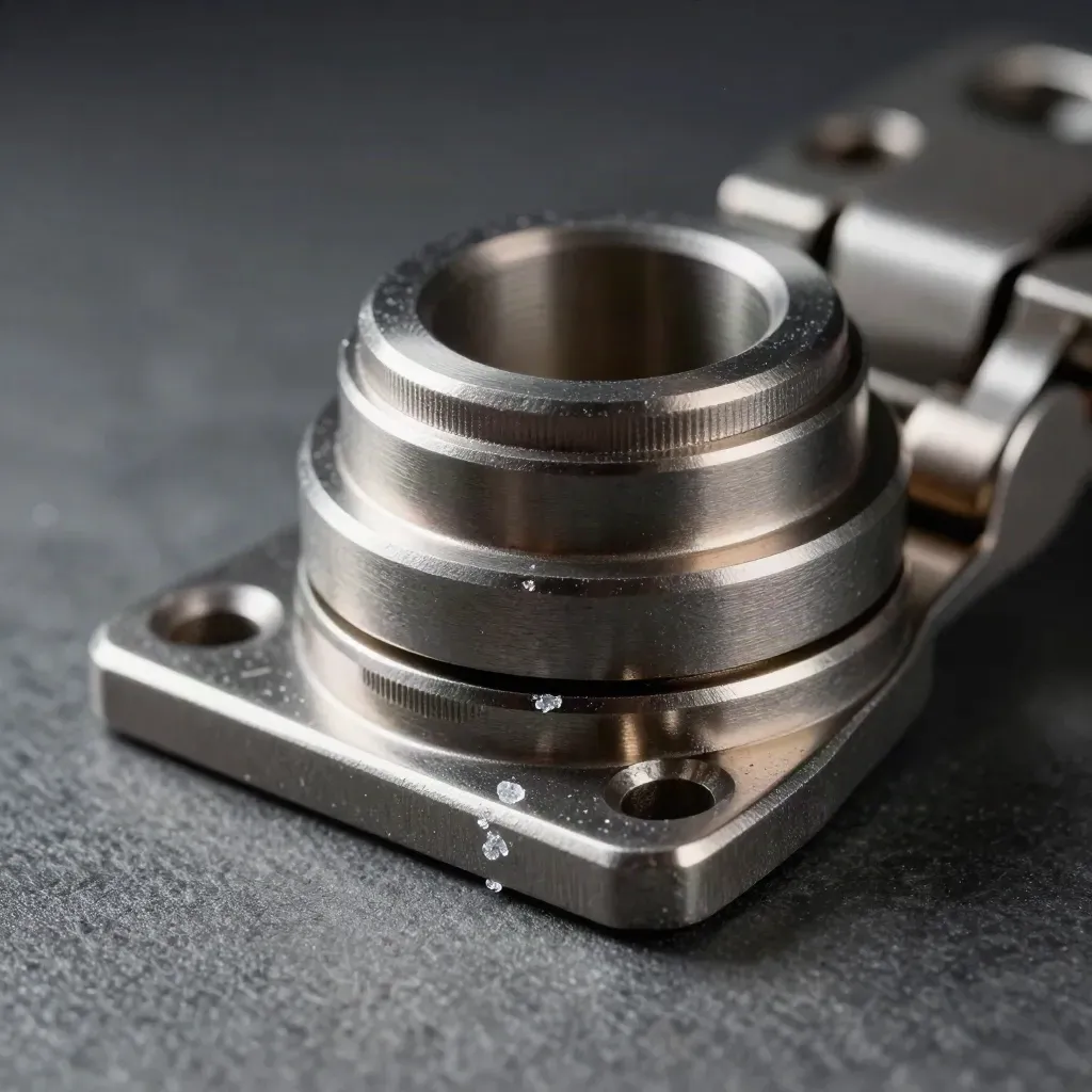 Top-down macro of machined spacers, hinge plates, and a locking collar on graphite stone.