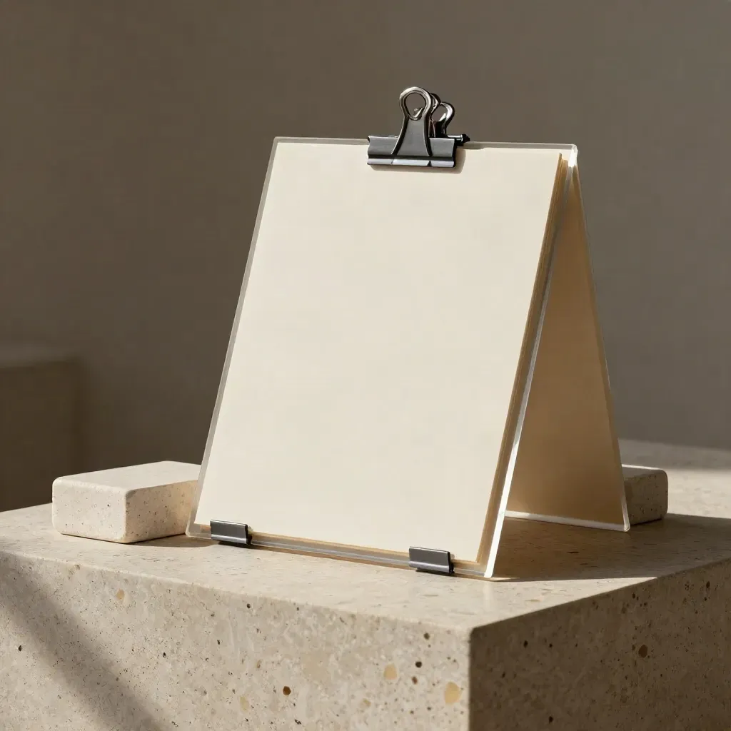 Accordion acrylic launch stand with blank board and spring clip on travertine in soft daylight