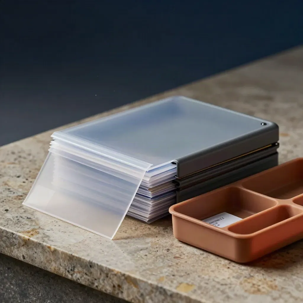 Translucent archive sleeves, memory-card case, and sorting tray on limestone in dramatic studio light.