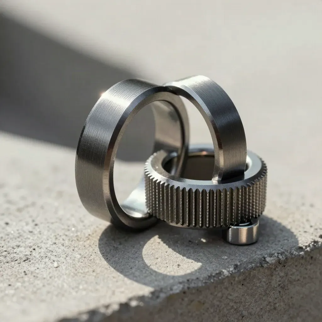 Macro of graphite locking rings, knurled collar and spacer on cool concrete.
