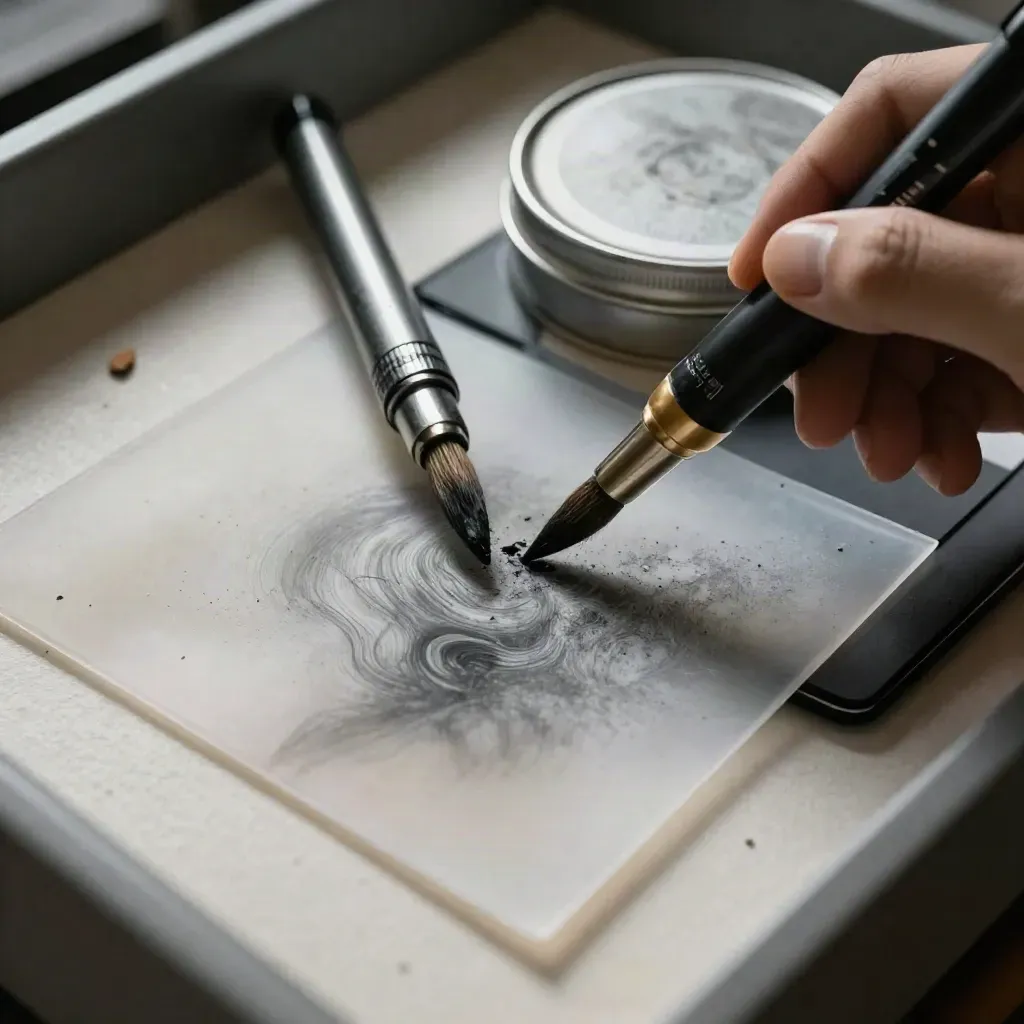 Macro still life of brush pens, pigment tin, eraser crumbs and acetate over a pen tablet.
