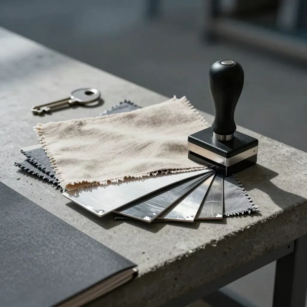 Linen swatches, foil chips, and a die-cut stamp on a stone bench, seen through a dark folder edge.