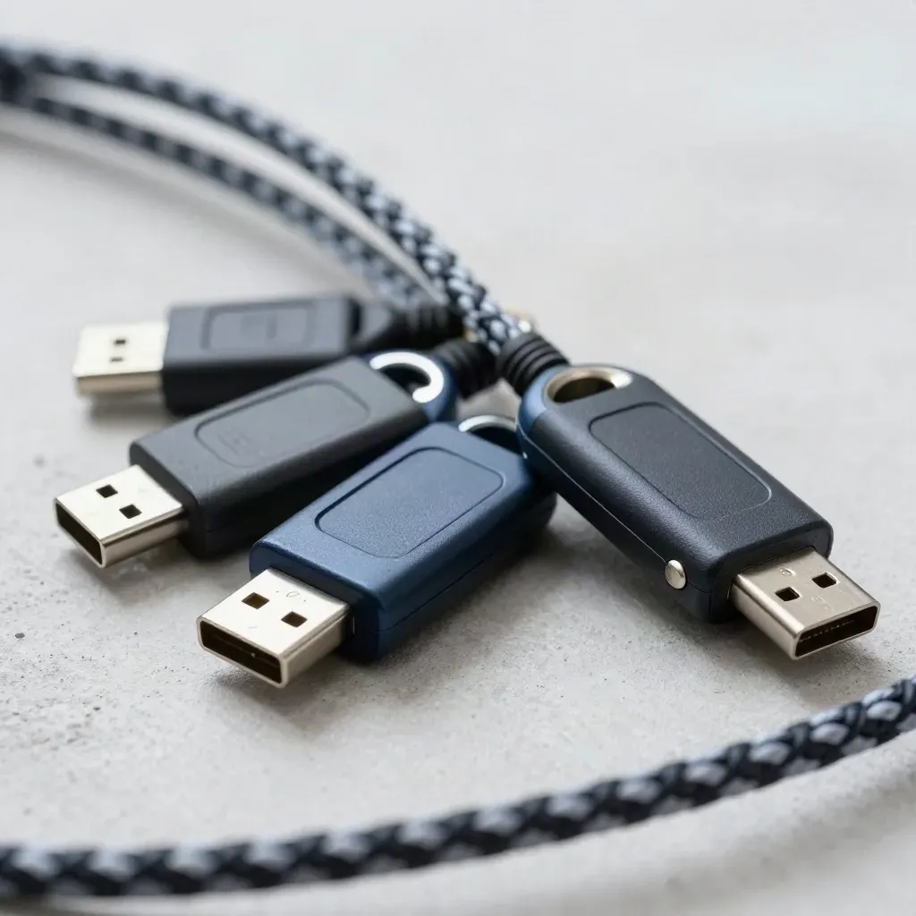 Macro of security keys, braided USB-C cables and connector sleeves on cool concrete.