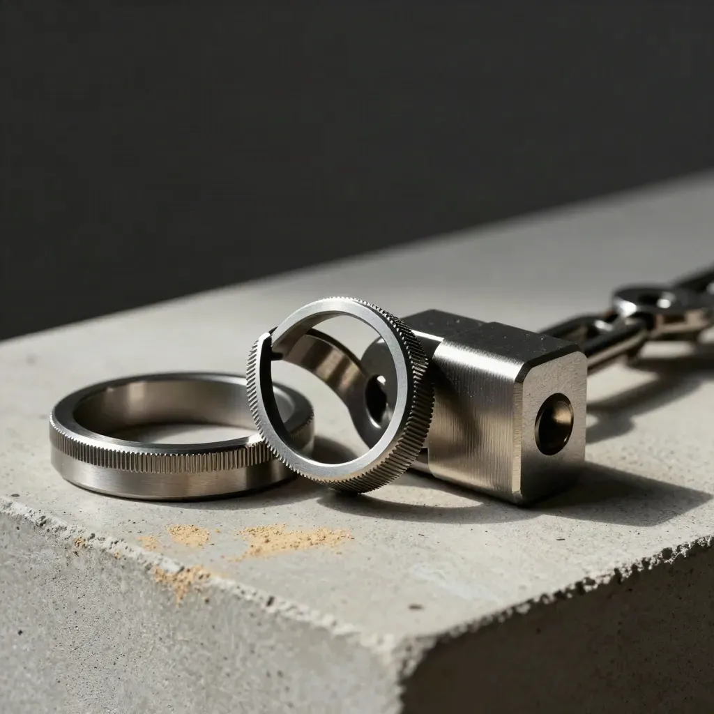 Machined metal rings, coupler and joiner block on a concrete plinth in dramatic studio light.