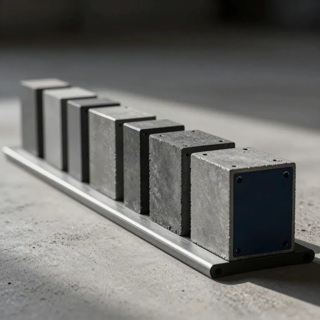 Graphite modular blocks and rail segments aligned on concrete in soft side light.