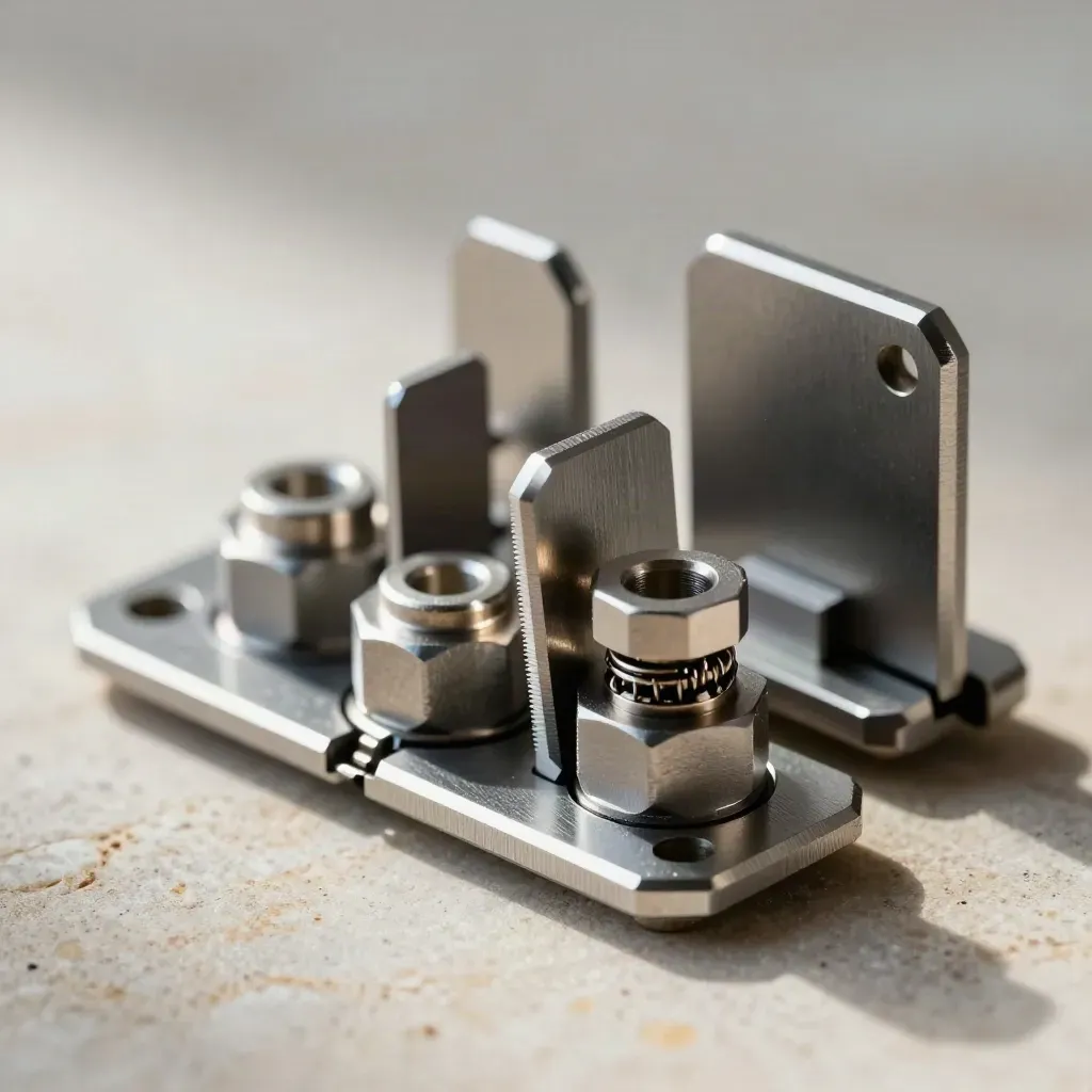 Macro of metal connector plates, spacers, and spring clip on a stone surface.