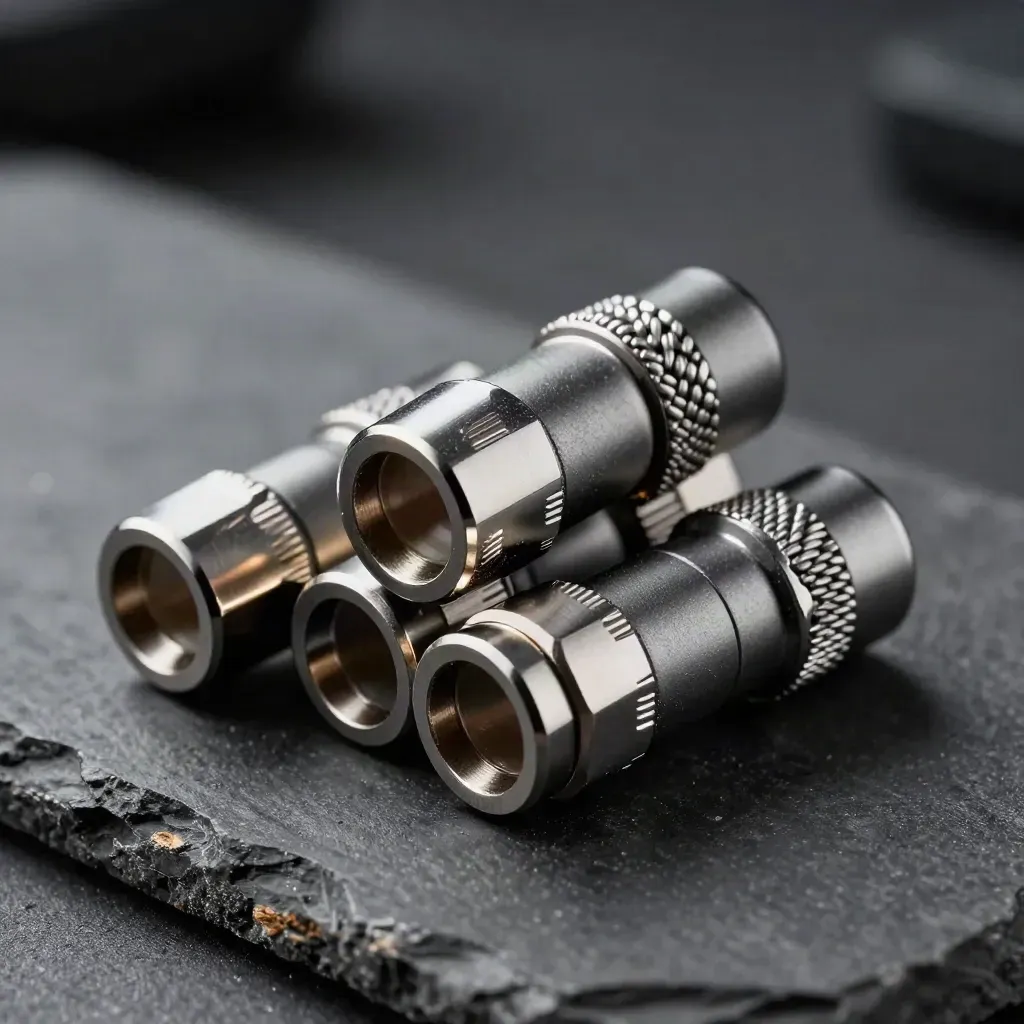 Macro still life of braided connector hardware and couplers on a graphite stone surface.